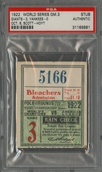 1922 World Series Game 3 Giants vs Yankees Ticket Stub - PSA Authentic (Babe Ruth W.S. Number 5 of 10)